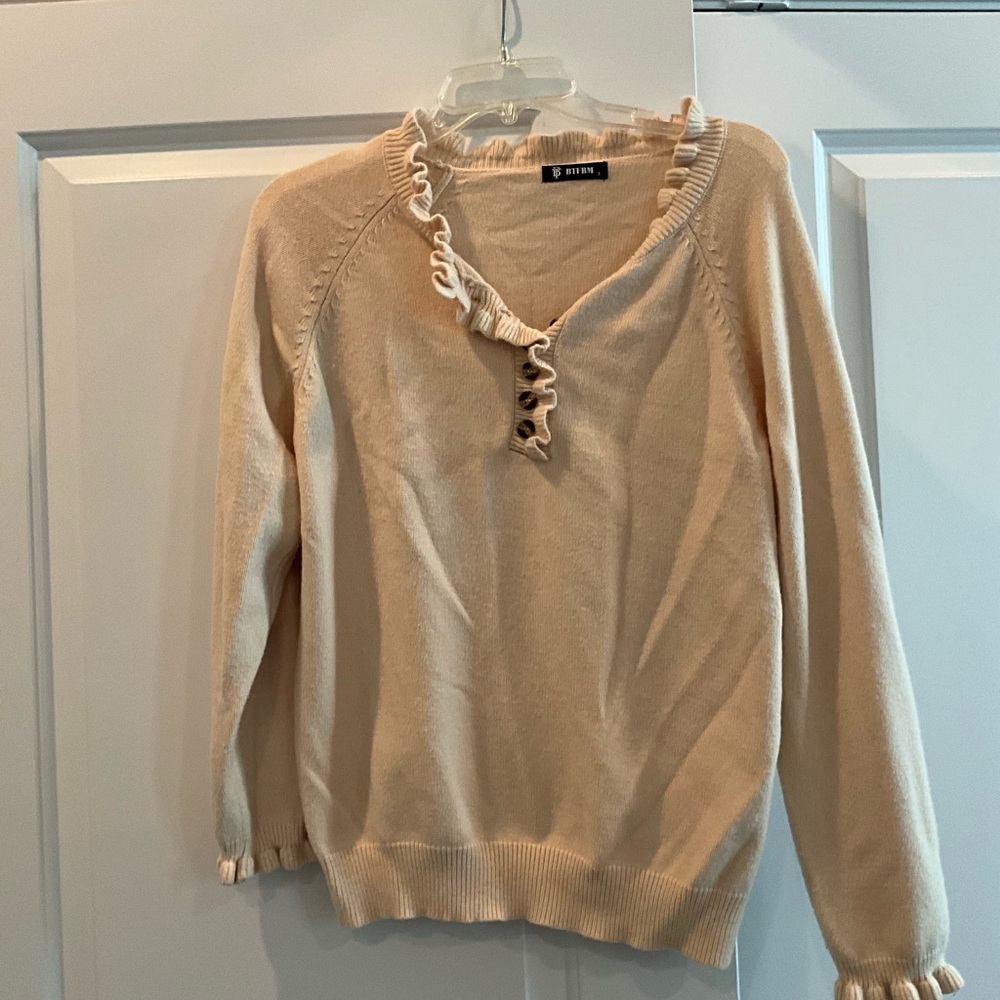 Tan Sweater with button/ruffle collar